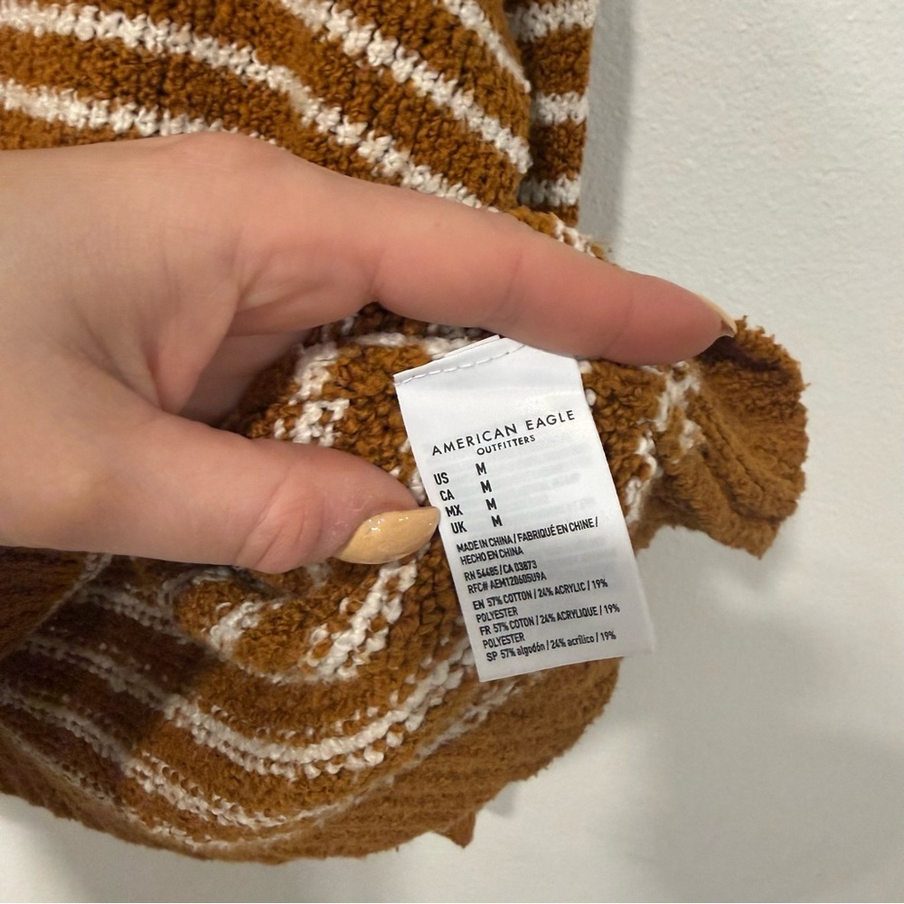 American Eagle Legging Fit Gold/Brown Striped Henley Sweater M - Picture 4 of 6